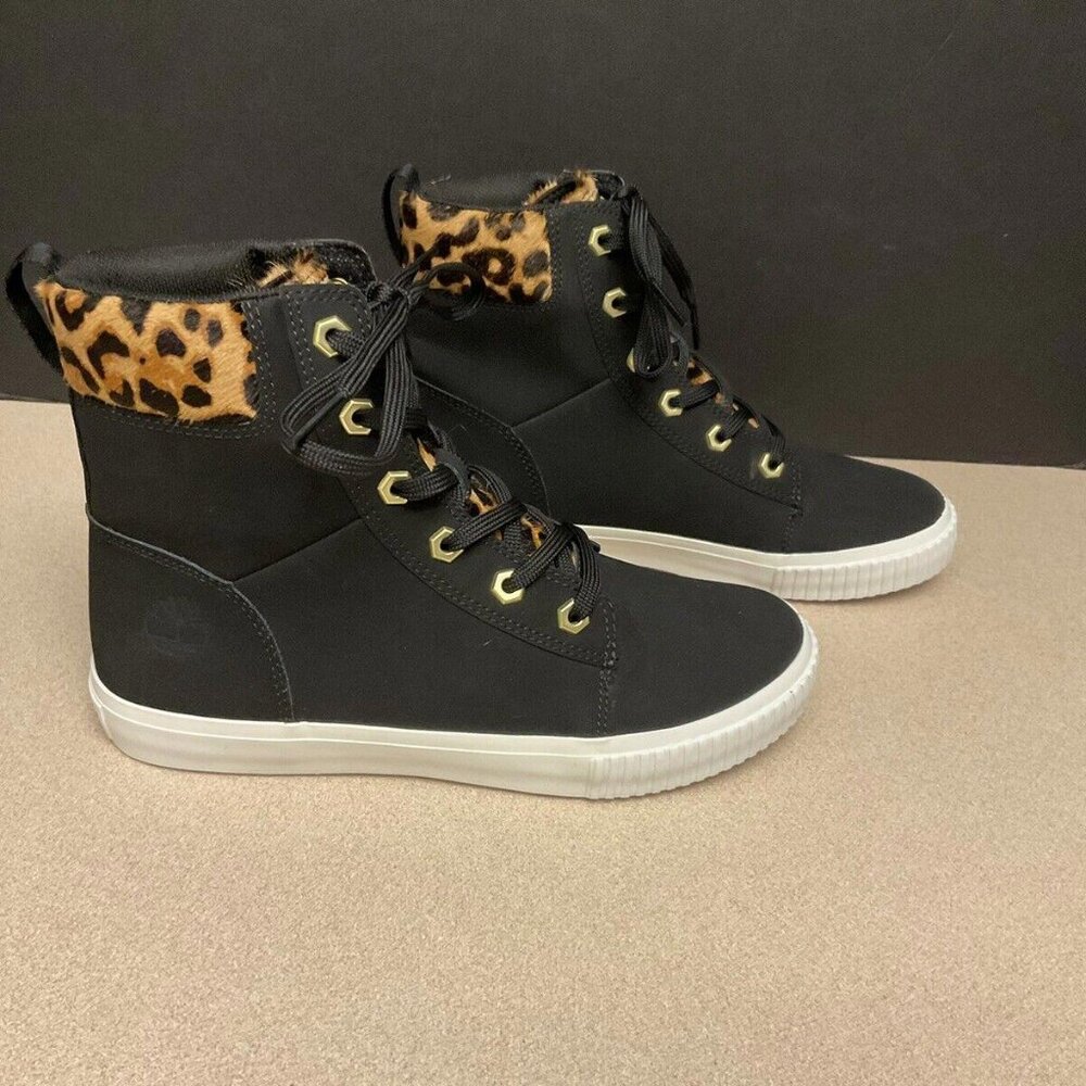 Black High-Top Sneakers with Leopard Trim - Women's Casual Fashion